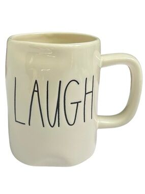 Rae Dunn LAUGH Mug White with Black Large Long Letters Dimples NWT 2017 OG